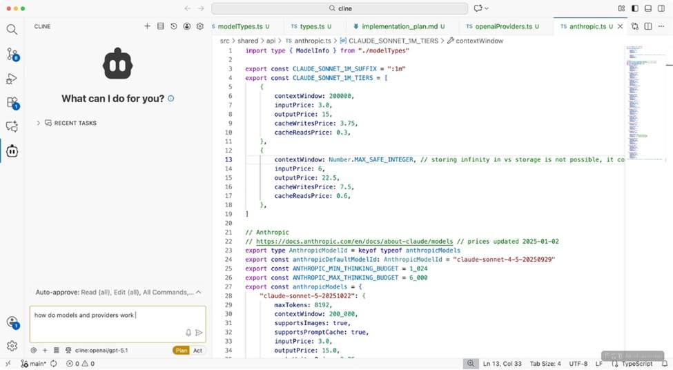 Cline coding agent VS Code interface