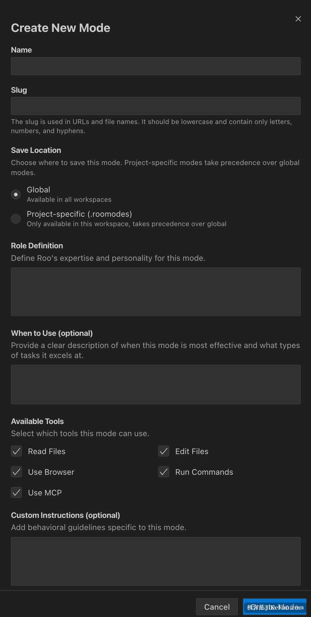 custom modes configuration panel