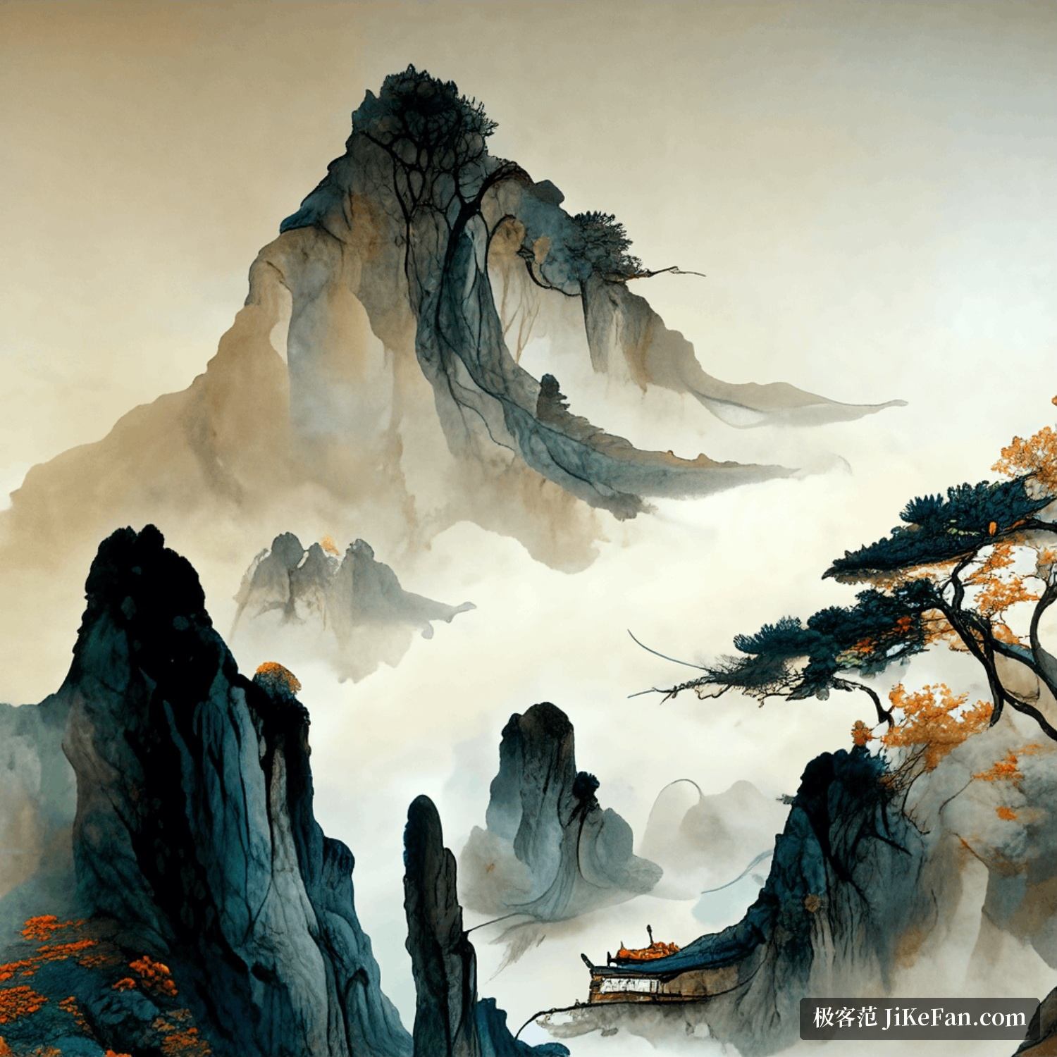 百度智能云 AI 作画官方示例：中国艺术题材的水墨山水生成效果