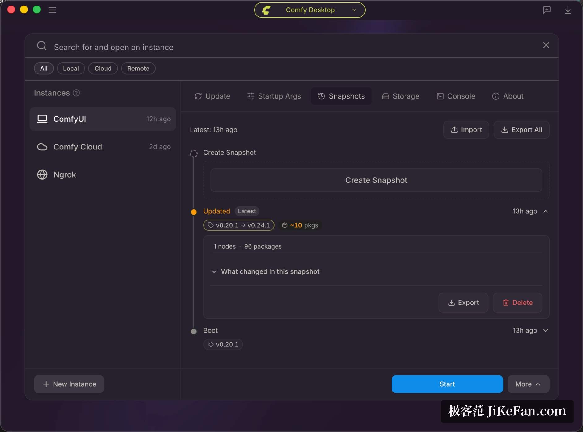 Comfy Desktop 的实例列表与快照时间线面板