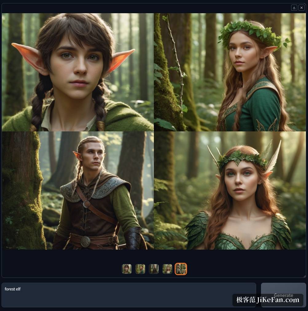 Fooocus 官方演示:只用 forest elf 两个词的提示词生成的四张精灵人像