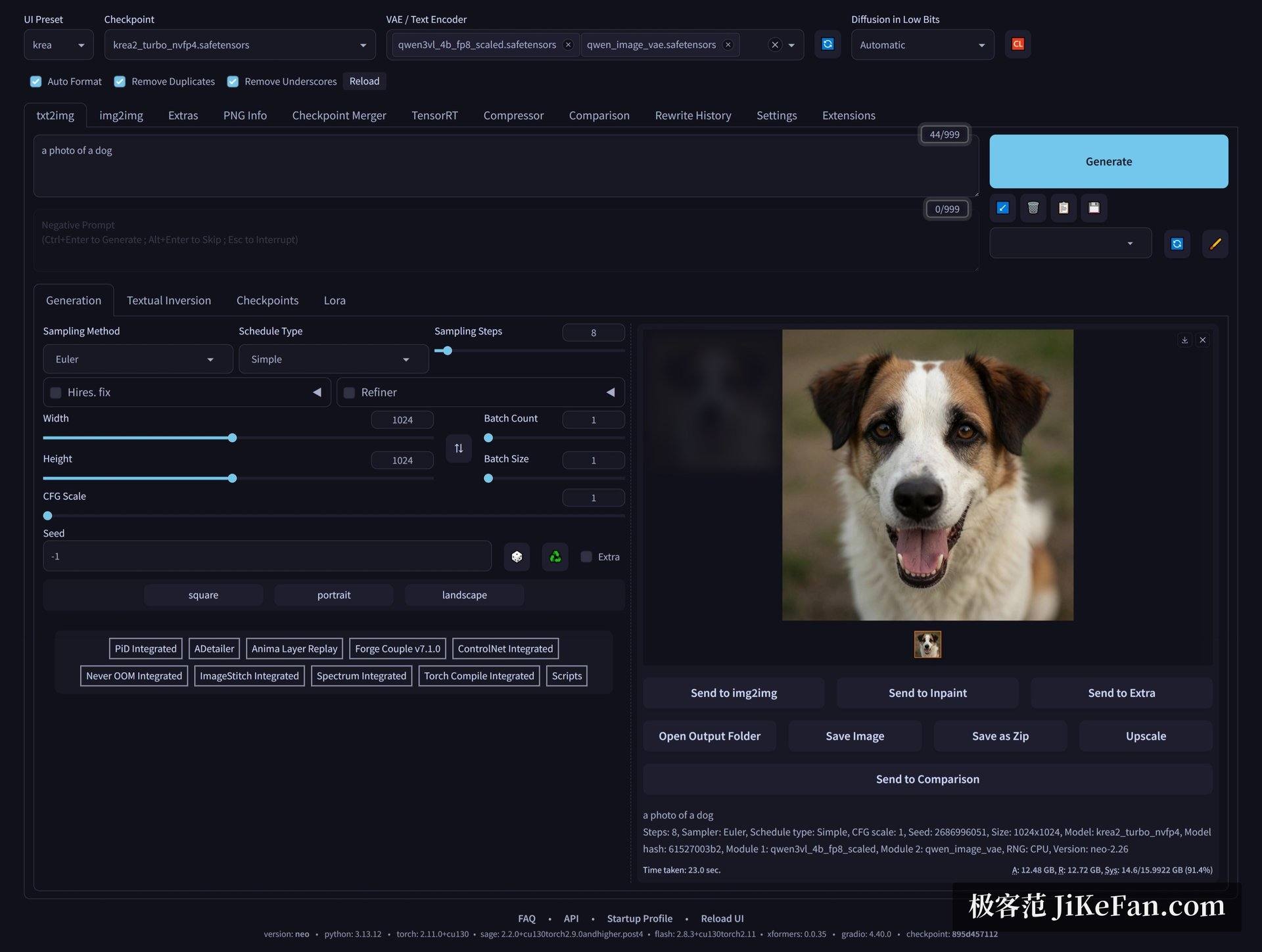 Forge 主界面:顶部模型与低比特选择、左侧采样参数、底部一排内置模块开关