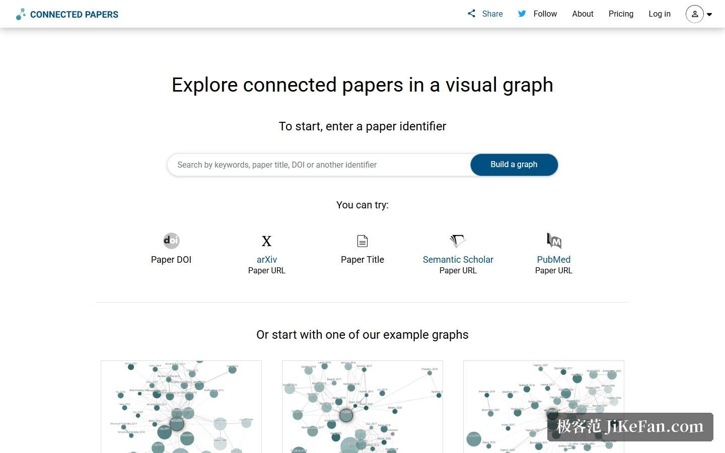 Connected Papers 官网首页：搜索框与示例图谱