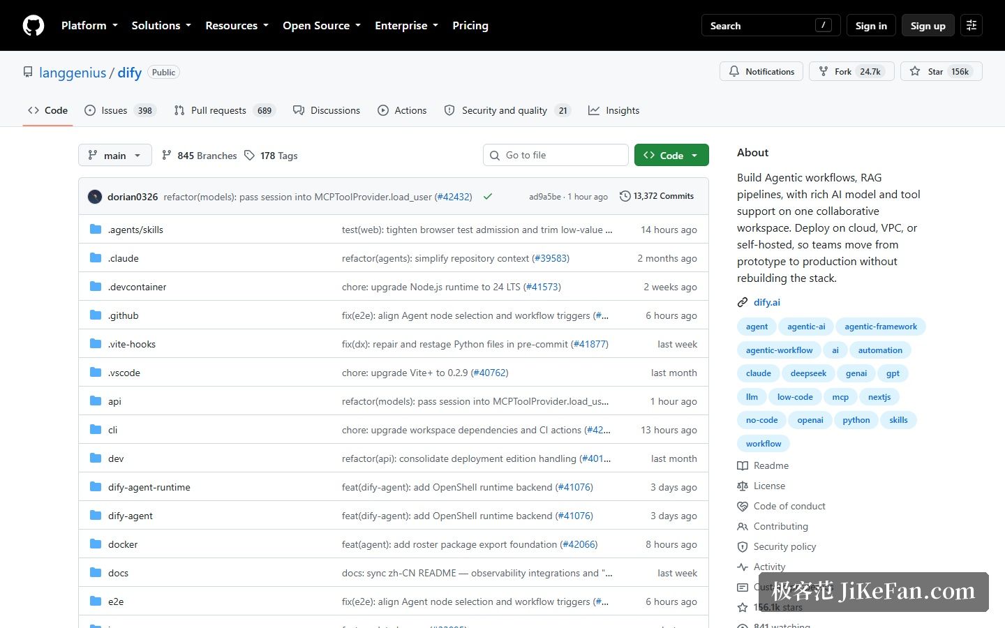 Dify 官方 GitHub 仓库页：Star 156k 与项目描述