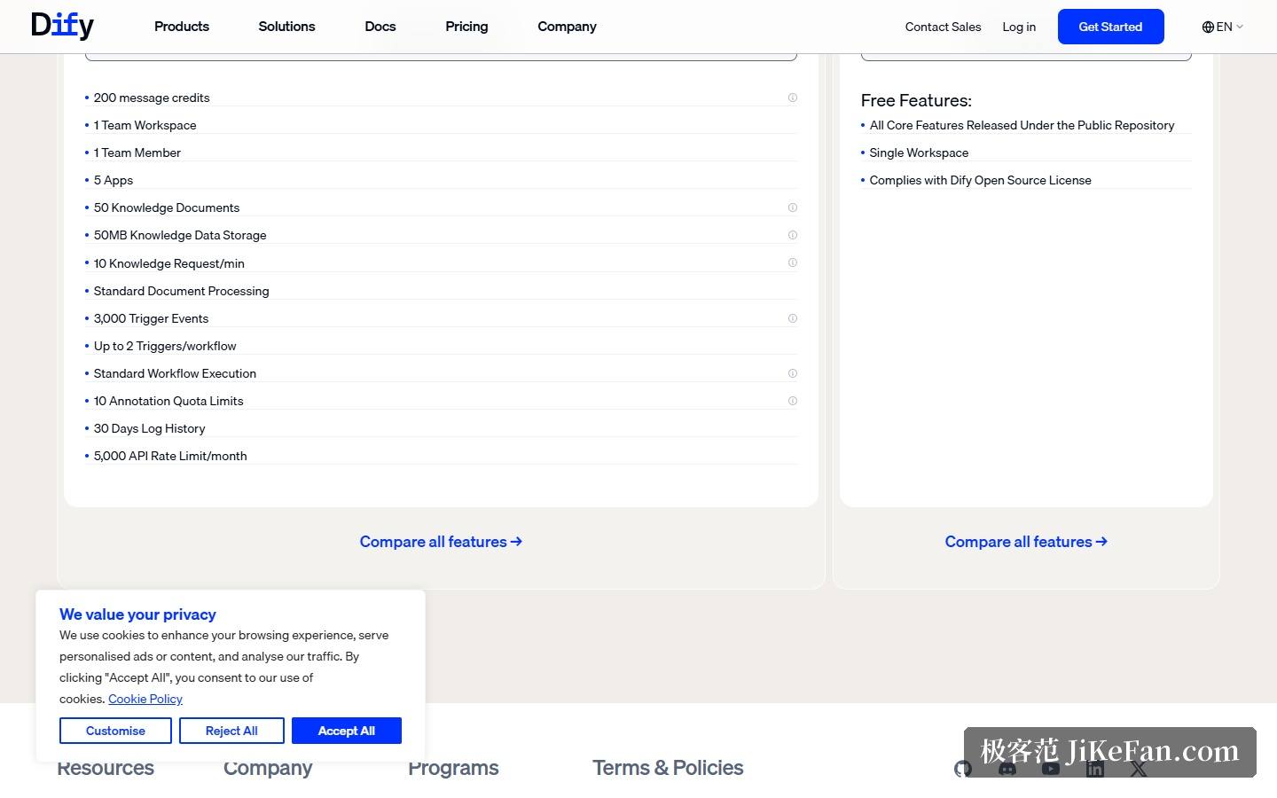 Dify 定价页：Sandbox 免费档与 Community 免费功能清单