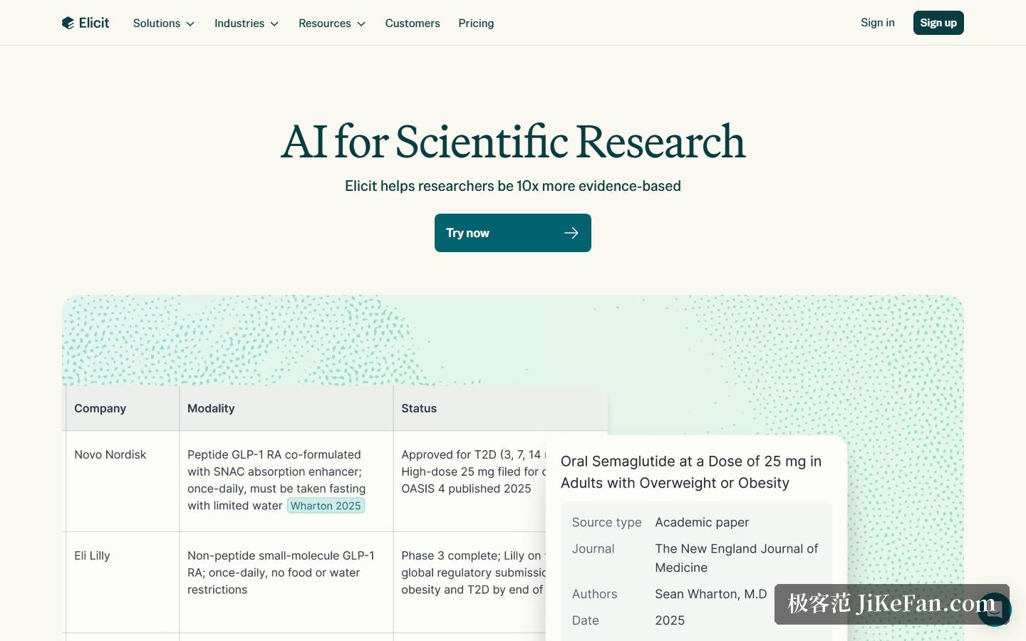 Elicit 官网首屏:AI for Scientific Research 与研究表格示例