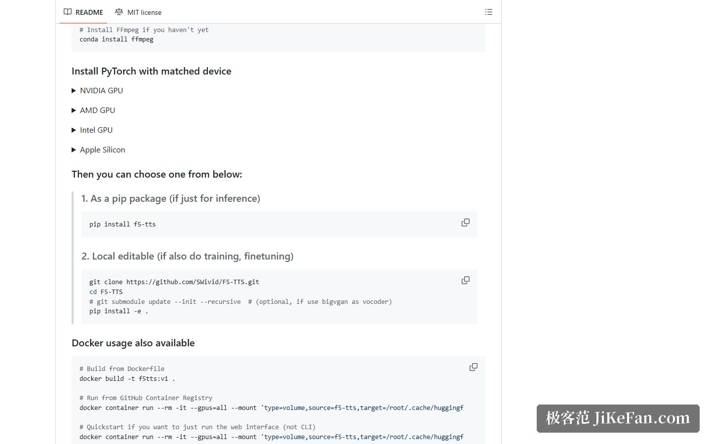 F5-TTS 官方仓库的安装说明：pip 包、本地可编辑安装与 Docker