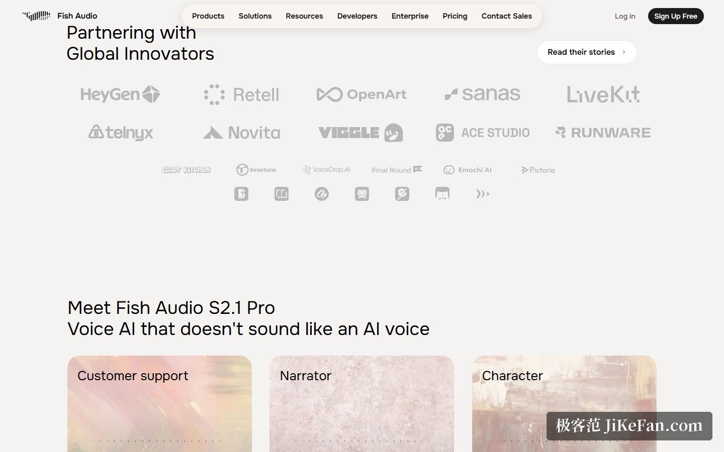 Fish Audio 官网的 S2.1 Pro 模型与合作伙伴区