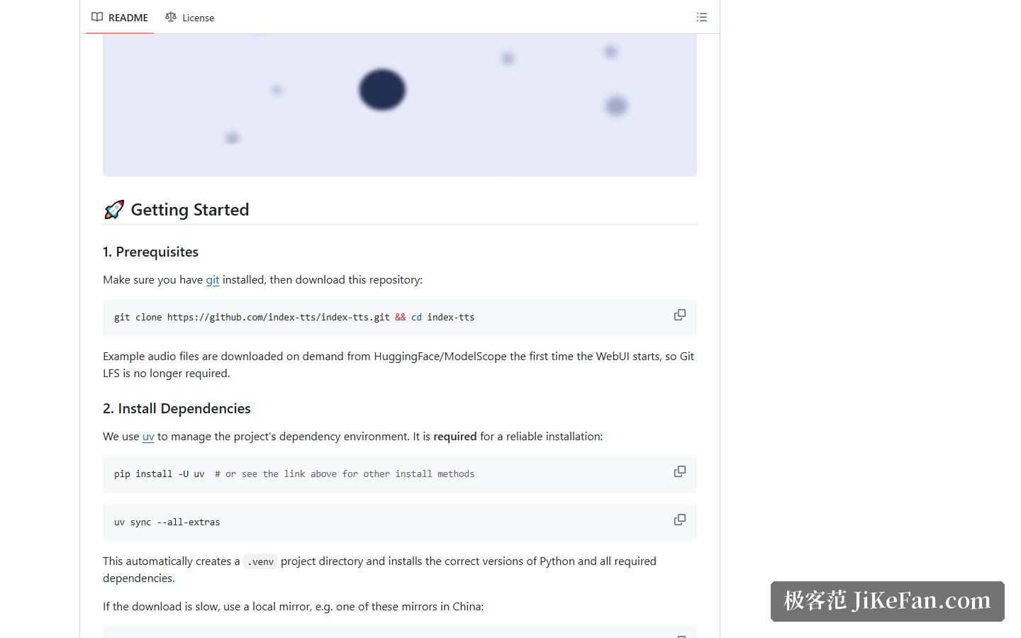 IndexTTS 官方仓库的 Getting Started 与依赖安装说明