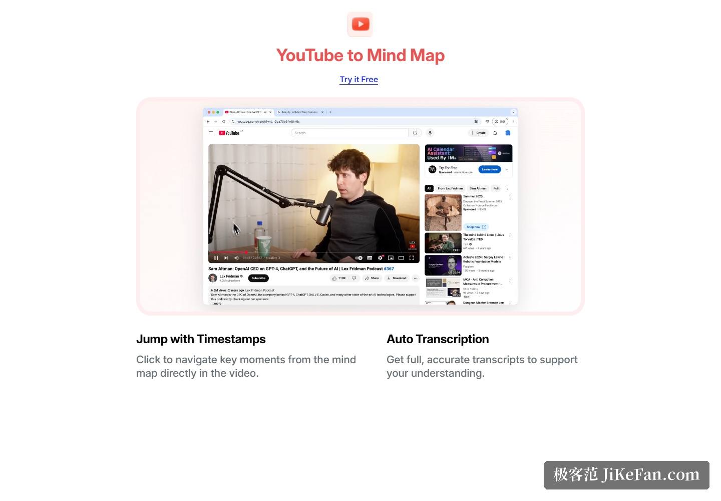 Mapify 官网：YouTube 转思维导图，支持时间戳跳转与自动转录