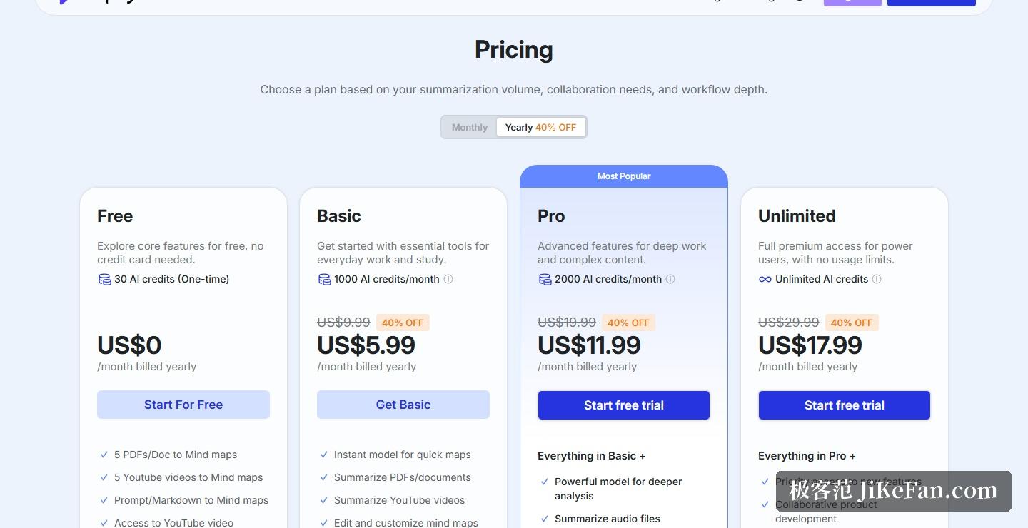 Mapify 官方定价页：免费版、Basic、Pro、Unlimited 四档对比