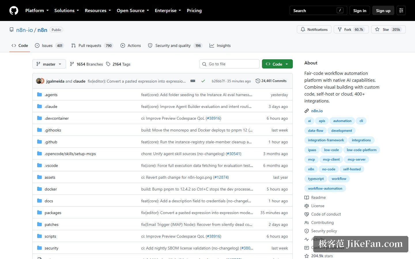 n8n 官方 GitHub 仓库页:源码公开与星标数