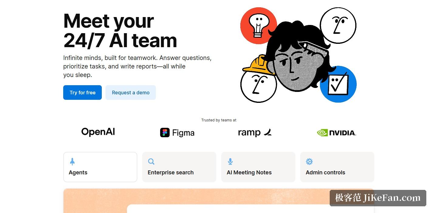 Notion AI 官方产品页：把 AI 能力分为 Notion Agent、Custom Agents、会议记录、企业搜索等模块