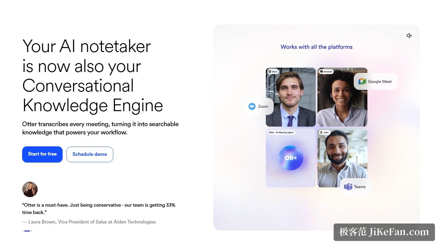 Otter 官网首屏:AI notetaker 与 Zoom、Google Meet、Teams 等平台协同
