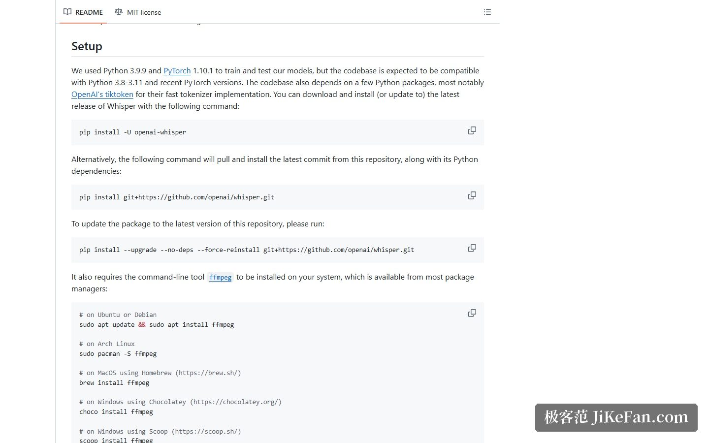 Whisper 官方仓库的安装说明与 ffmpeg 依赖