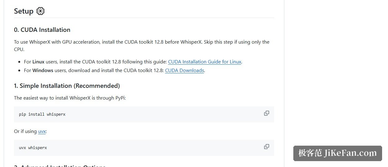 WhisperX 官方仓库的安装说明：pip install whisperx 与 uvx whisperx