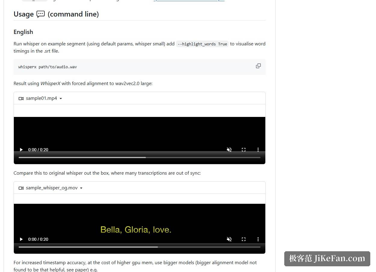 WhisperX 官方仓库的命令行用法示例