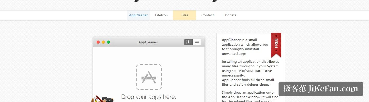 AppCleaner 官网:拖放窗口与 FREE 标识