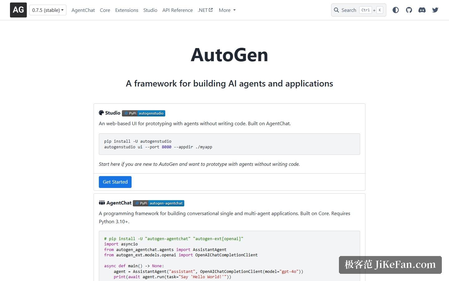AutoGen 官方文档首页:Studio、AgentChat、Core 与 Extensions