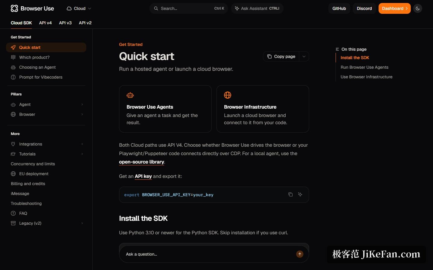 Browser Use 官方文档站：云侧 SDK 快速上手