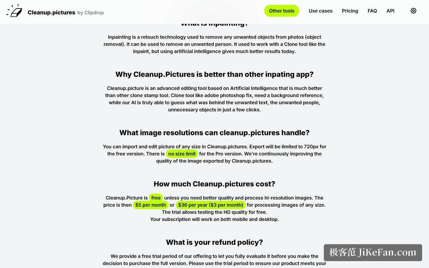 Cleanup.pictures 常见问题：720p 限制与价格口径