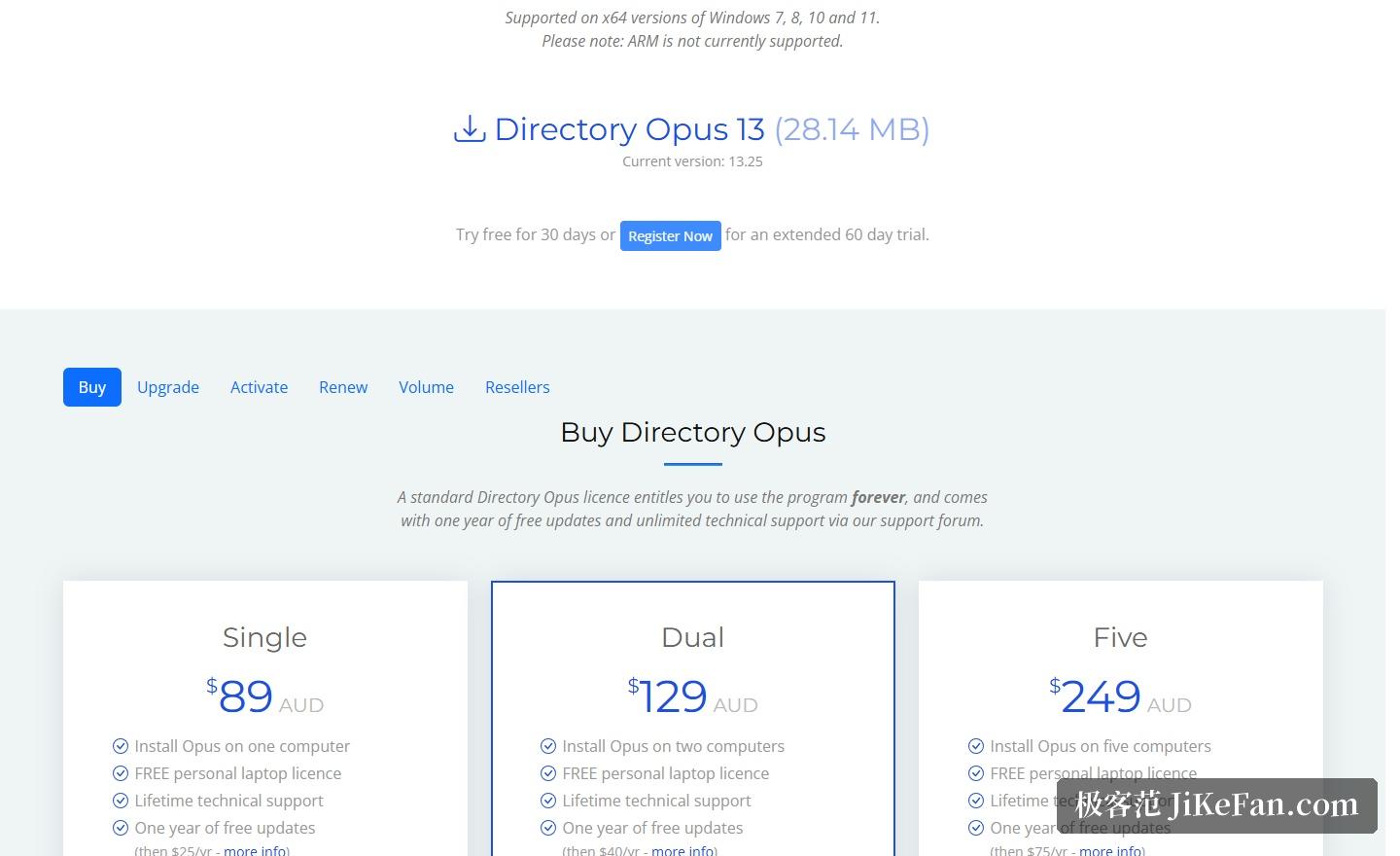 Directory Opus 官网:版本 13.25、30 天试用与单机/双机/五机三档价格
