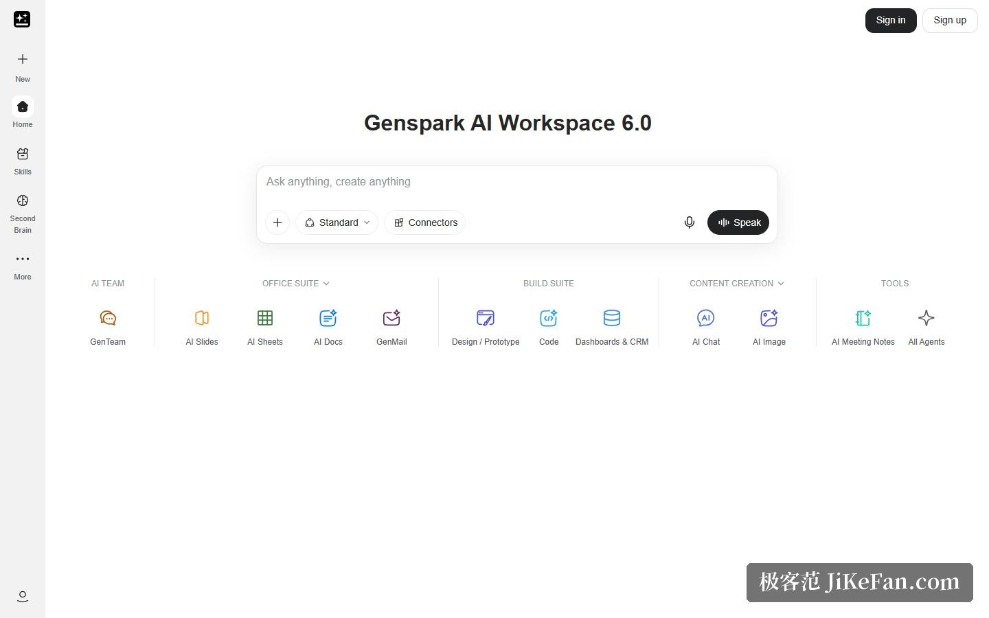 Genspark 官网首页:AI Workspace 6.0 的应用入口
