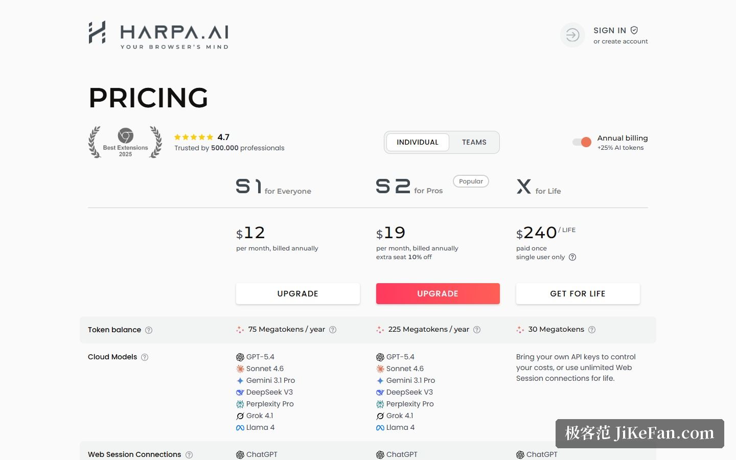 Harpa AI 定价页:S1、S2 与终身三档及兆 token 额度