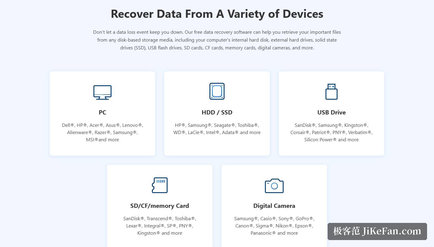 iBoysoft Data Recovery 官方产品页:支持的存储设备类型与品牌清单
