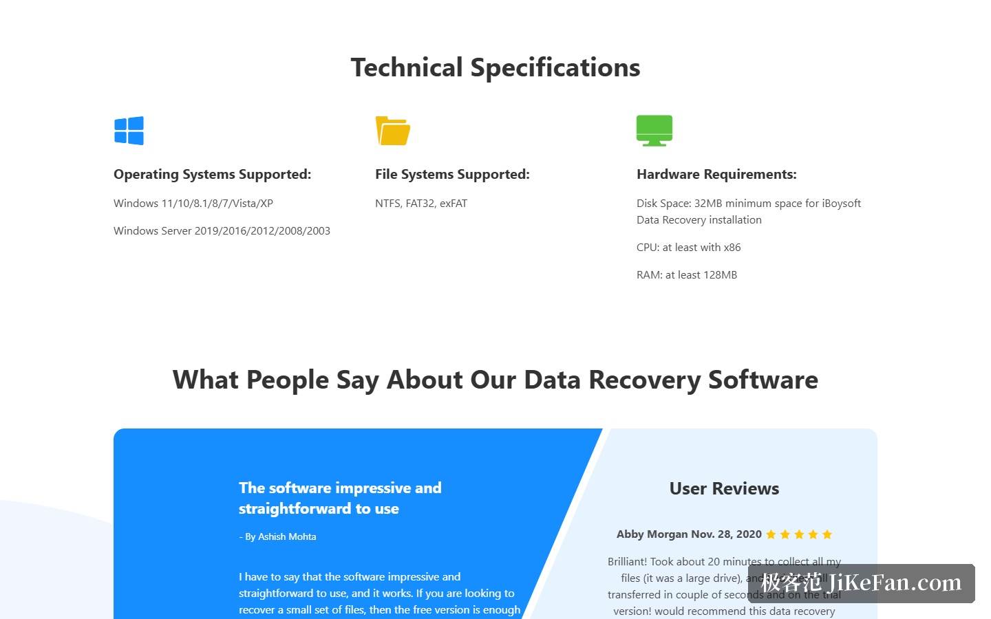 iBoysoft Data Recovery 官方产品页:技术支持规格,含系统、文件系统与硬件要求