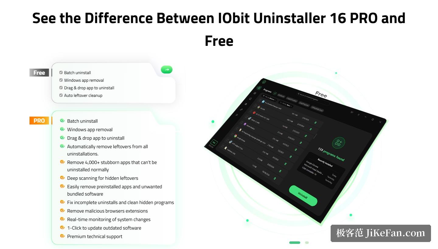IObit Uninstaller 官网:免费版与 PRO 版功能对照