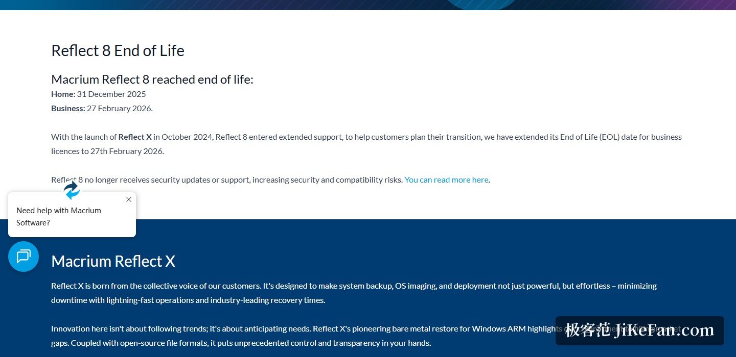 Macrium 官网:Reflect 8 生命周期终点公告