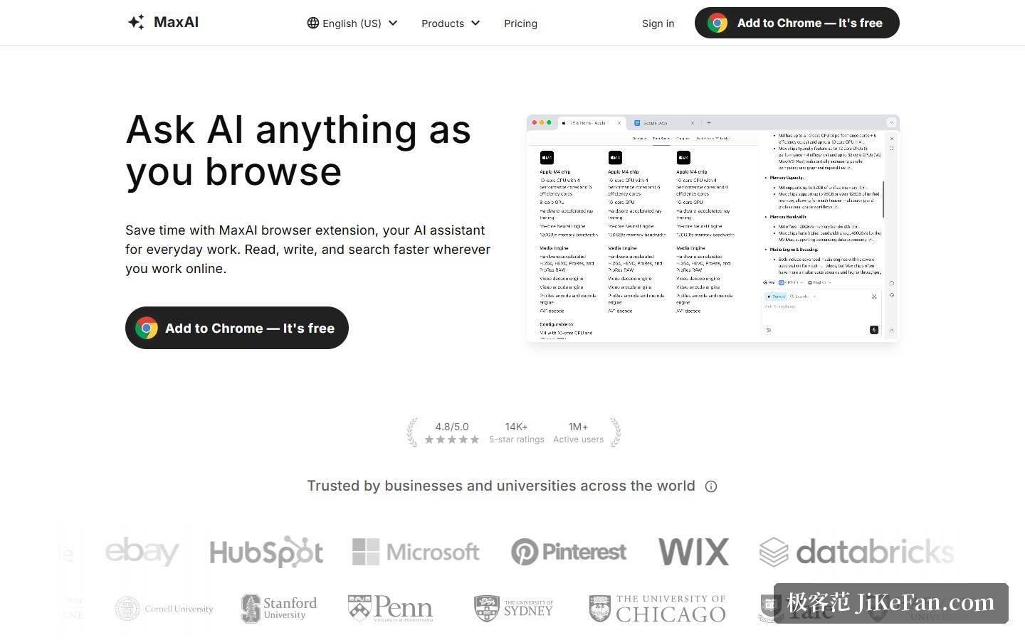 MaxAI 官网首屏:边浏览边问 AI 与使用方标识