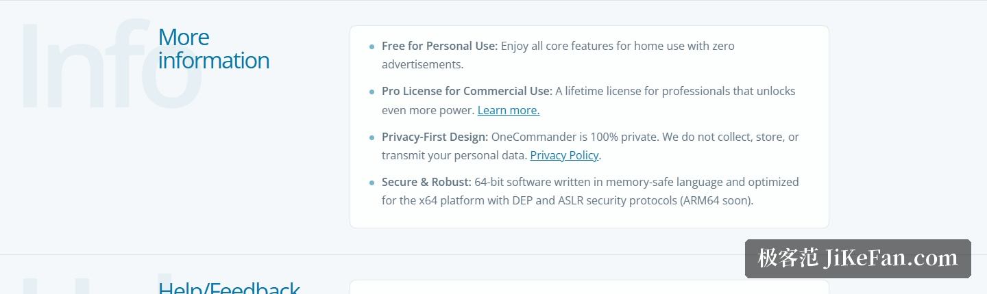 OneCommander 官网:More information(家用全部核心功能、商用终身授权、隐私优先、64 位安全加固)