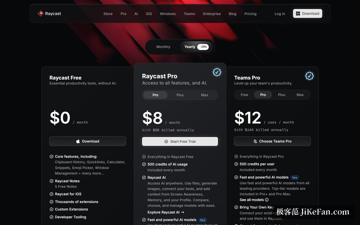 Raycast 定价页：Free 与 Pro 三档的价格与 credits 对照