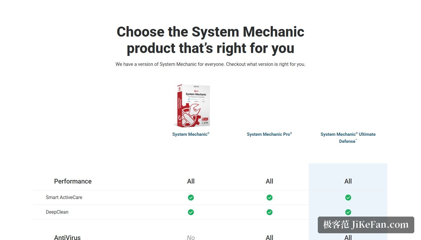System Mechanic 官网三档版本对比表