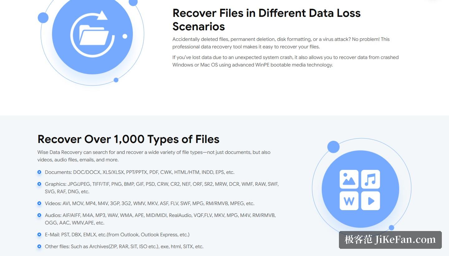 Wise Data Recovery 官方产品页:不同数据丢失场景下的恢复能力
