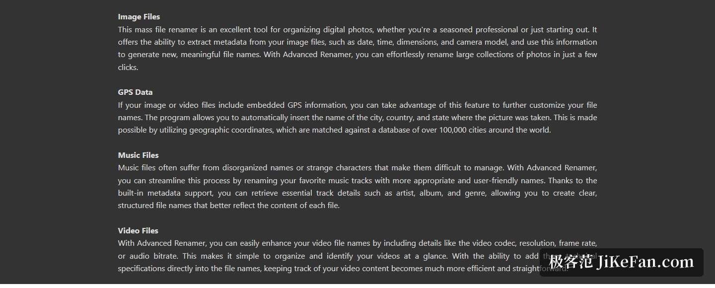 Advanced Renamer 官网首页 Image Files、GPS Data、Music Files 与 Video Files 四个说明段落