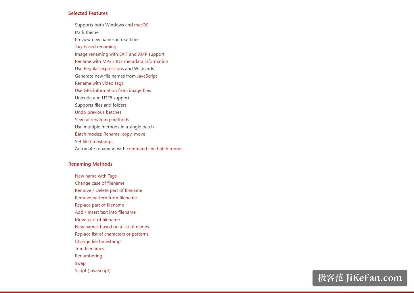 Advanced Renamer 官网首页 Selected Features 区段(Windows 与 macOS、标签改名、EXIF 与 XMP、ID3、正则与通配符、JavaScript、视频标签、GPS、批处理模式与命令行运行器等特性)