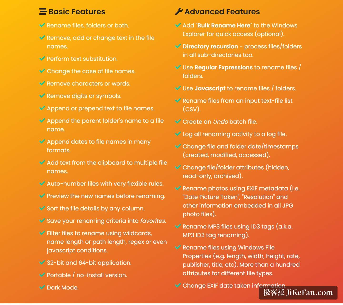 Bulk Rename Utility 官网首页 Basic Features 与 Advanced Features 功能清单一览