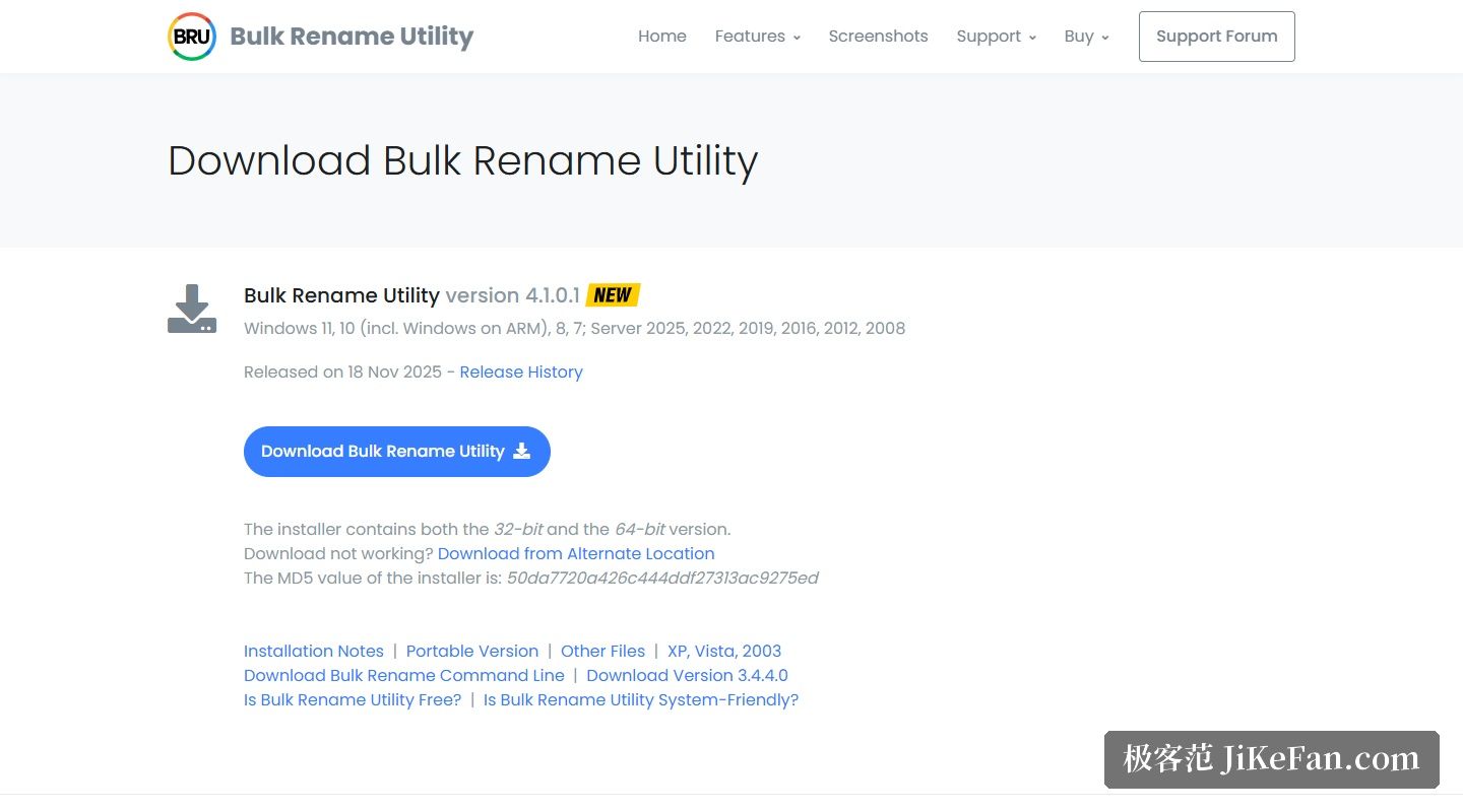 Bulk Rename Utility 官网下载页(version 4.1.0.1、Released on 18 Nov 2025 与支持的 Windows 版本)