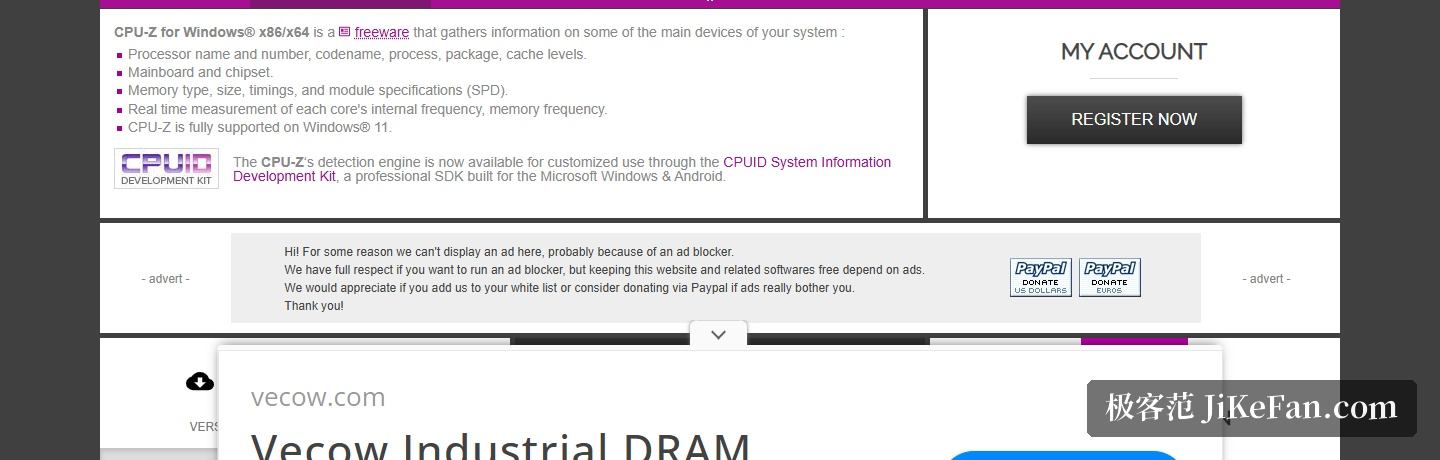 CPU-Z 官网截图,功能介绍与经典版本区块:列出处理器、主板、内存与实时频率四类可读信息,并给出 3.01 的下载项