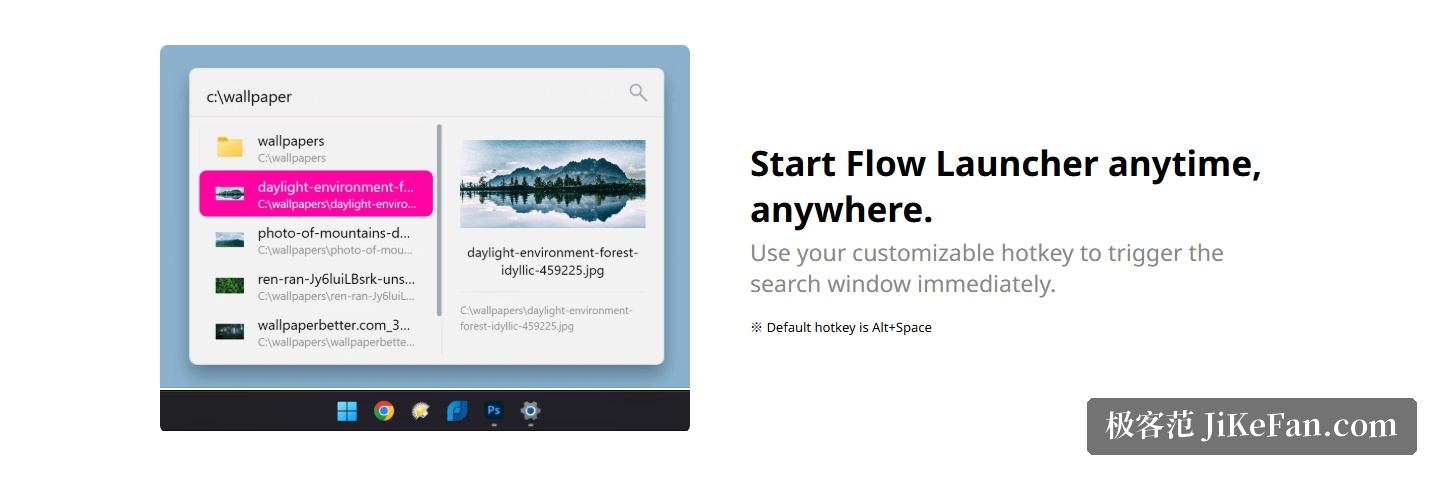 Flow Launcher 官网首页「Start Flow Launcher anytime, anywhere」区段（文件搜索与预览界面，默认热键 Alt+Space）