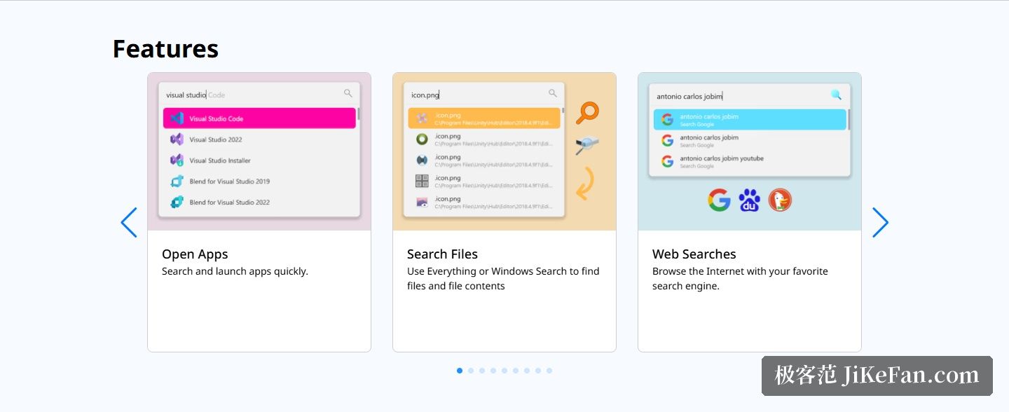 Flow Launcher 官网首页 Features 区段（Open Apps、Search Files、Web Searches 三张功能卡片与轮播指示点）