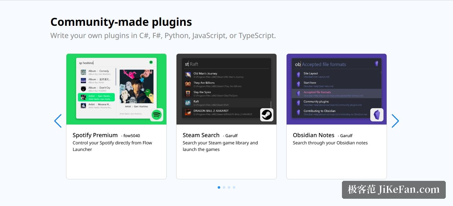 Flow Launcher 官网首页 Community-made plugins 区段（社区插件示例与插件编写语言）
