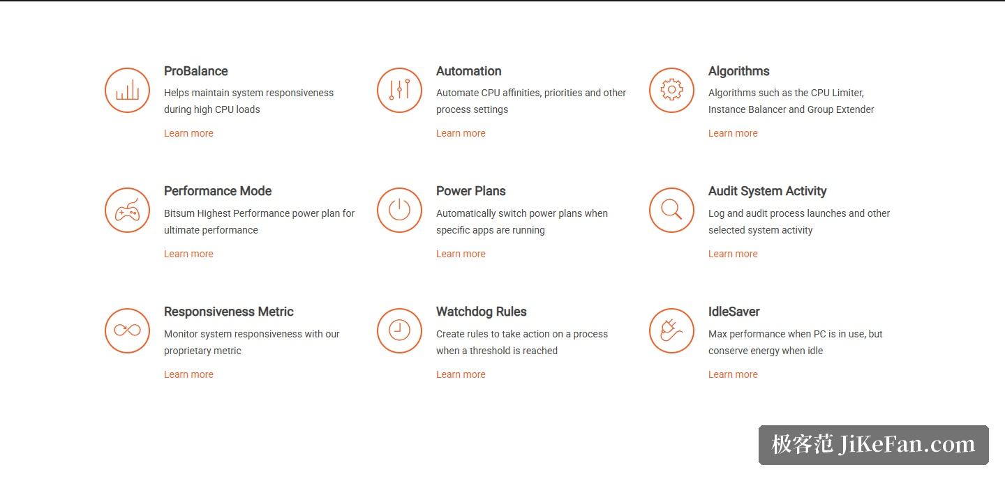 Process Lasso 官网截图,功能卡片区块:ProBalance、Automation、Algorithms、Performance Mode、Power Plans、Watchdog Rules 等核心能力一览