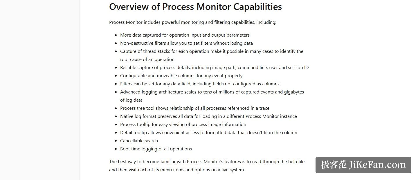 Process Monitor 官方页截图,Overview of Process Monitor Capabilities 区块:列出无损过滤、线程堆栈捕获、进程树、原生日志等全部能力