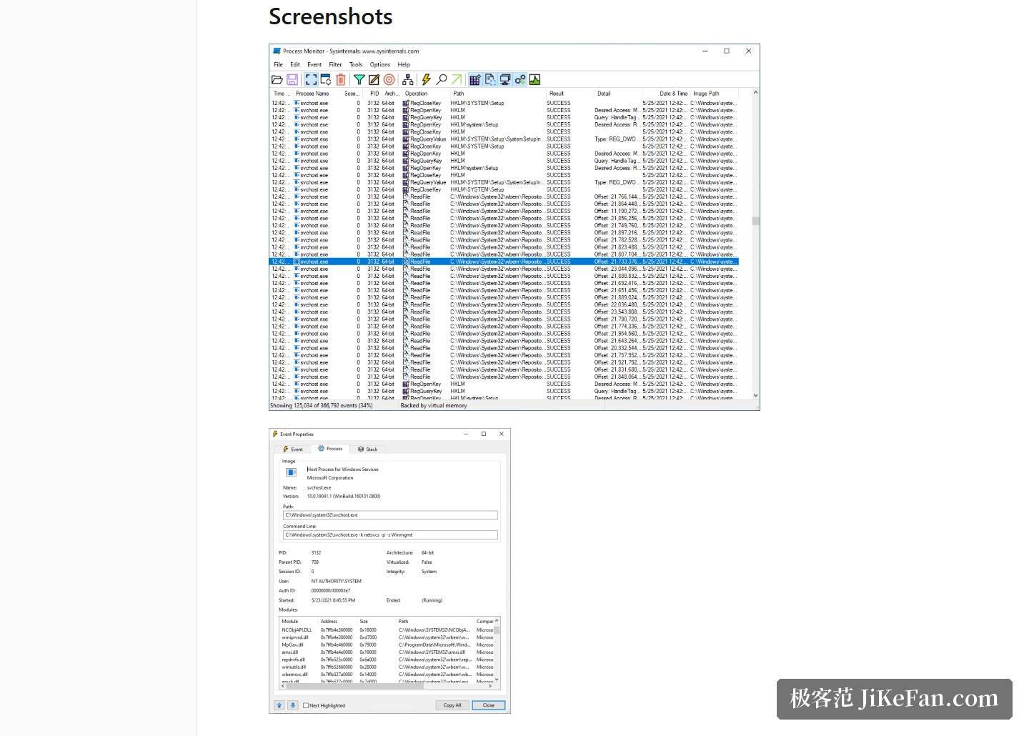 Process Monitor 官方页 Screenshots 区块截图:主窗口事件流视图与事件属性详情窗口