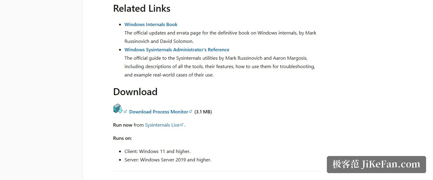 Process Monitor 官方页 Download 区块截图:下载入口、Sysinternals Live、客户端与服务器系统要求