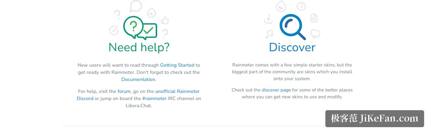 Rainmeter 官网首页截图,帮助与 Discover 区块:给出 Getting Started 与文档入口,并说明社区皮肤渠道